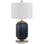 Navy Blue Glass and Brass Table Lamp - Navy Blue / White