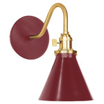 Uno Curved Arm Cone Wall Light - Brushed Brass / Barn Red