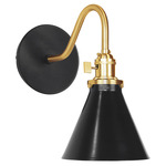 Uno Curved Arm Cone Wall Light - Brushed Brass / Black