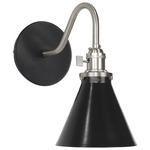 Uno Curved Arm Cone Wall Light - Brushed Nickel / Black