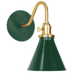 Uno Curved Arm Cone Wall Light - Brushed Brass / Forest Green