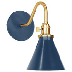 Uno Curved Arm Cone Wall Light - Brushed Brass / Navy