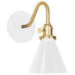 Uno Curved Arm Cone Wall Light - Brushed Brass / White Gloss