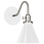 Uno Curved Arm Cone Wall Light - Brushed Nickel / White Gloss