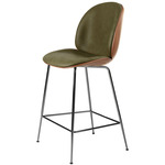 Beetle Veneer Bar / Counter Chair - Black Chrome / Soft Leather Army / Walnut Veneer