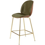 Beetle Veneer Bar / Counter Chair - Brass Semi Matte / Soft Leather Army / Walnut Veneer