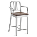 1104 Navy Collection Bar/ Counter Stool with Arms - Hand Brushed Aluminum / Walnut