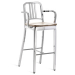 1104 Navy Collection Bar/ Counter Stool with Arms - Hand Polished Aluminum / Ash Plywood