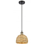 Woven Rattan Pendant - Matte Black / Antique Brass