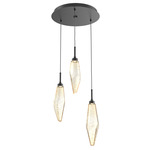 Rock Crystal Round Multi Light Pendant - Matte Black / Chilled Amber