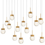 Double Bubble Linear Multi Light Pendant - Aged Brass / Etched Glass